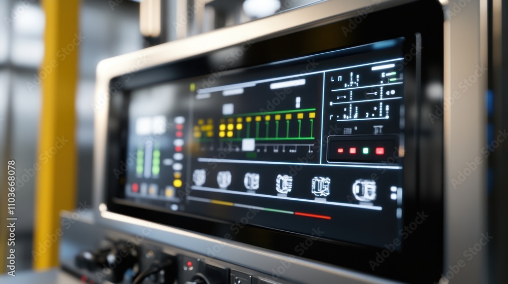 Poster close-up view of modern industrial control panel in a factory setting with digital display