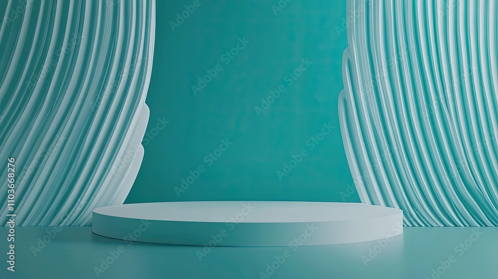 Poster teal background with circular platform and draped curtains
