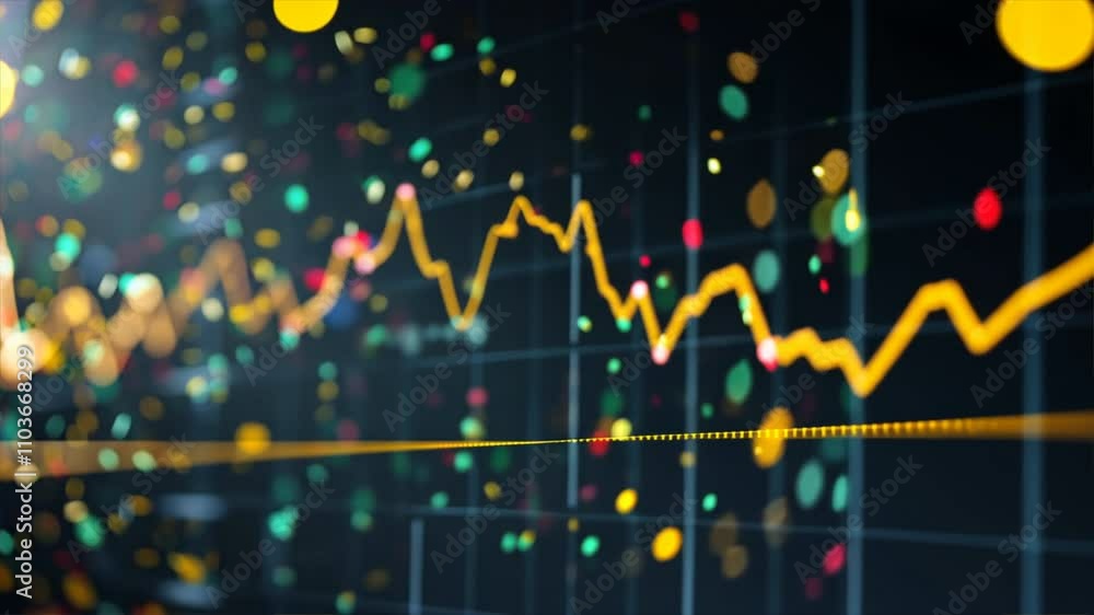 Poster colorful data visualization showcasing vibrant dots and dynamic line graphs to analyze financial tre