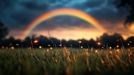 Naklejka premium A vibrant rainbow arcs over a lush green field, illuminated by a dramatic sky at sunset, creating a serene and picturesque landscape.
