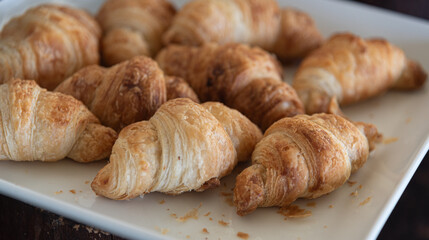 Freshly baked golden-brown mini croissants arranged on a white ceramic plate