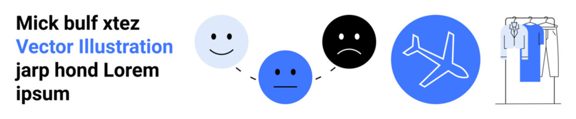 Three expression faces happy, neutral, sad, an airplane, and a wardrobe with clothes alongside text. Ideal for educational, travel, emotion analysis, online stores infographics presentation slides