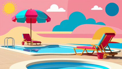 Summer background. Colorful swimming pool with summer elements. AI generated