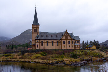 Vagan Church, also called Lofoten Cathedral in the village of Kabelvag, Lofoten islands, Nordland, Norway on a cloudy and rainy autumn day