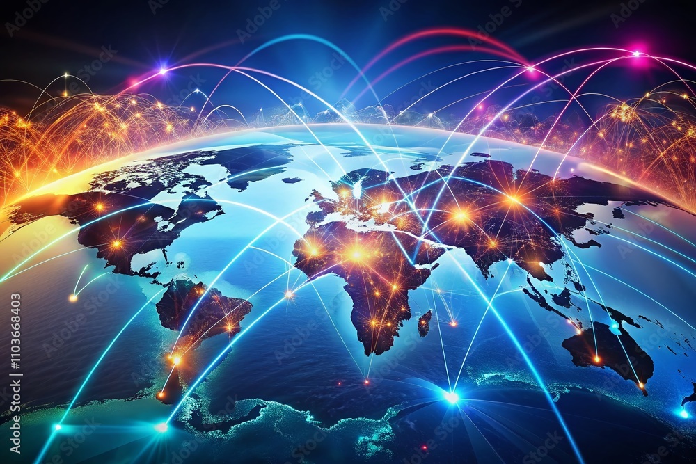 Poster long exposure visualization of global network connections illustrating big data and social network c