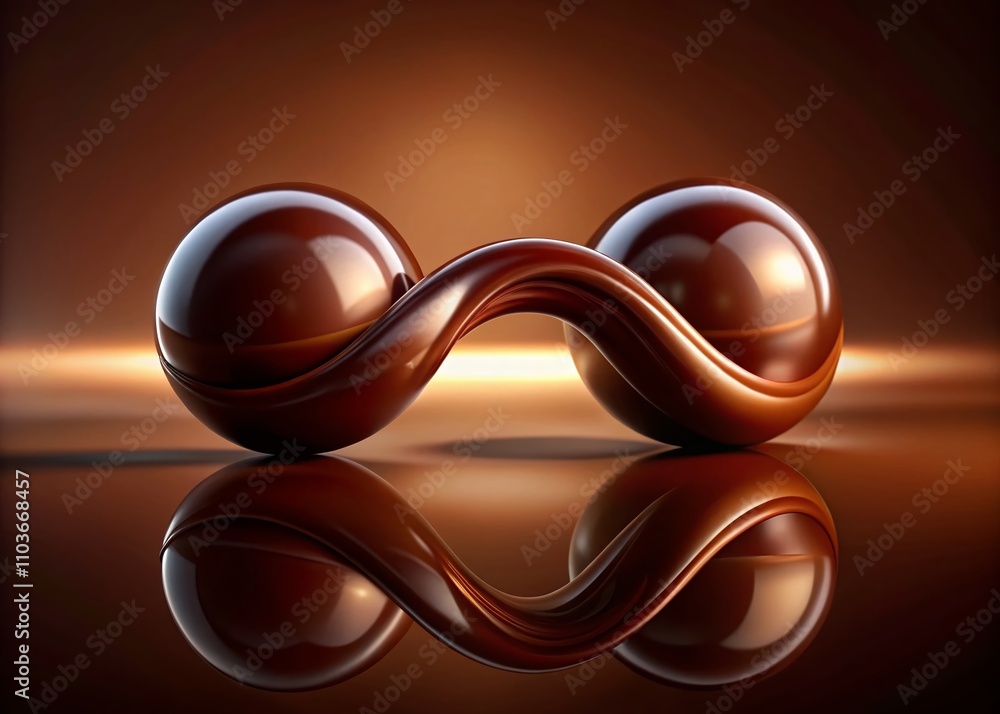 Poster looping 3d animation of chocolate background with spheres creating infinity sign trace on brown lacq