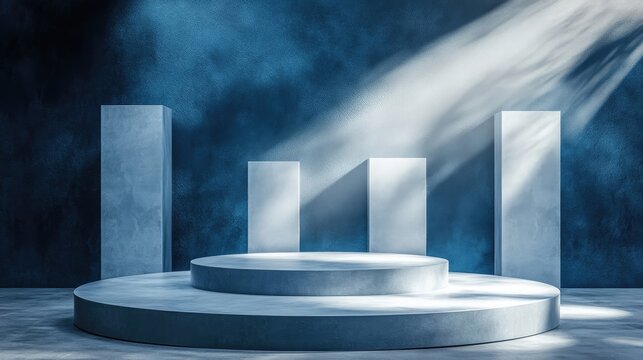 Modern podium and platform setup for product displays with an abstract blue backdrop and soft lighting, ideal for branding and packaging presentations.