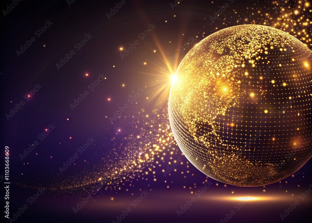 Poster looping animation of an abstract golden sphere composed of shiny particles on a dark purple backgrou