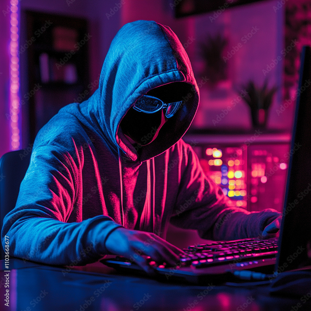 Poster mysterious hacker activity in a neon-lit room cybersecurity incident digital environment dark atmosp