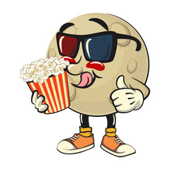 Moon mascot character illustration a bucket of popcorn with wearing 3d glasses, cartoon mascot isolated, work of hand drawn