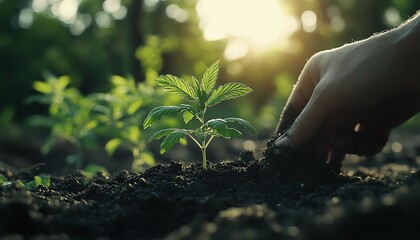 Fototapeta premium A person planting a cannabis seedling into the soil in a sunny garden, with bright light casting shadows and illuminating the young plant s vibrant green leaves