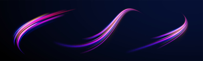 Horizontal speed lines connection vector background. Futuristic dynamic motion technology blue glowing lines air flow effect.  Racing cars dynamic flash effects city road with long exposure. 