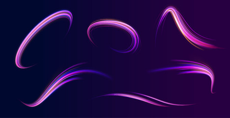 Futuristic dynamic motion technology blue glowing lines air flow effect.  Racing cars dynamic flash effects city road with long exposure. Horizontal speed lines connection vector background. 