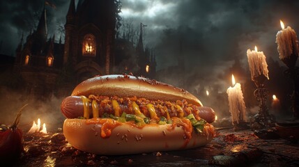 Mysterious hot dog with unique toppings, set in an eerie castle ambiance with flickering candles and gothic elements, creating a dark, atmospheric scene.