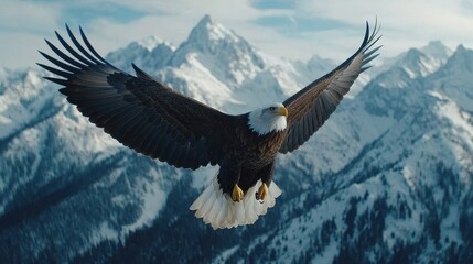 Majestic Bald Eagle Soaring Over Snow-Capped Rocky Mountains in Nature
