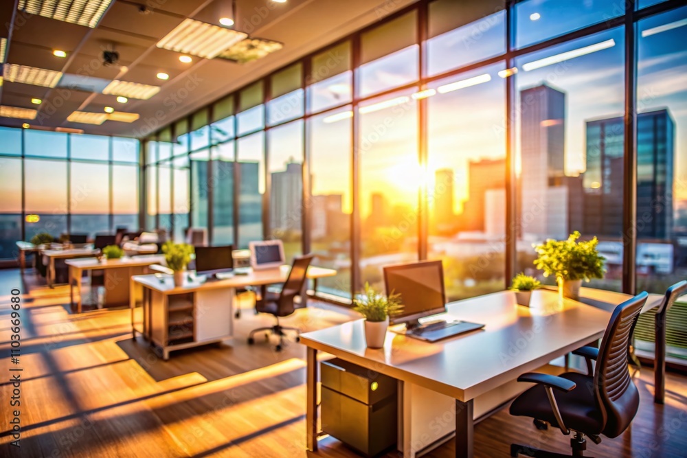 Poster low light photography of an empty office space featuring abundant windows and a blurred background, 