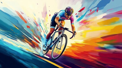 Realistic design of a professional cyclist in the colors of a team's bike: yellow, pink, and blue, with a colorful background, in the style of a vector illustration with brush strokes, colorful.