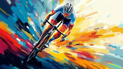 Realistic design of a professional cyclist in the colors of a team's bike: yellow, pink, and blue, with a colorful background, in the style of a vector illustration with brush strokes, colorful.