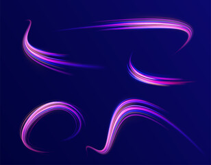 Magic moving fast speed lines. Blurred car light motion effect, city road background with long exposure night lights. Png,  ray, abstract, energy, pack, effect. Acceleration speed motion on night road