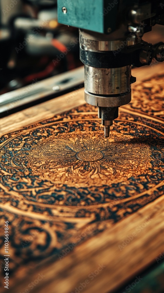 Poster intricate wood carving in progress: a cnc machine's precision
