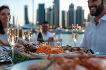 A delightful luxury dining experience featuring an array of gourmet seafood dishes and sparkling drinks, perfect for an elegant evening by the water.