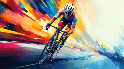 Realistic design of a professional cyclist in the colors of a team's bike: yellow, pink, and blue, with a colorful background, in the style of a vector illustration with brush strokes, colorful.
