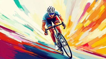 Realistic design of a professional cyclist in the colors of a team's bike: yellow, pink, and blue, with a colorful background, in the style of a vector illustration with brush strokes, colorful.