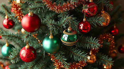 Obraz premium Festive Christmas Tree Detail with Vintage Red and Green Glass Ornaments and Metallic Tinsel