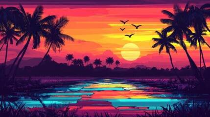 A vibrant sunset over rice fields, with silhouettes of palm trees and birds flying across the sky, creating a dramatic and colorful scene