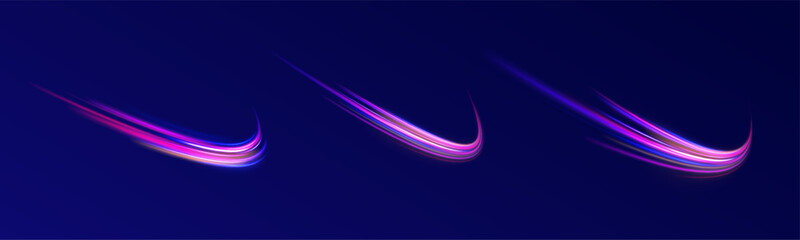 Acceleration speed motion on night road.  Colorful Light Trails, Long Time Exposure Motion Blur Effect. Abstract fire flare trace lens flares acceleration speed motion on night road. 