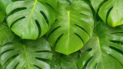 Fototapeta premium Lush Green Monstera Leaves with Water Drops on Vibrant Background