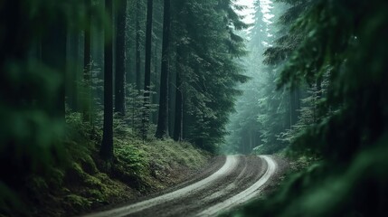 Fototapeta premium Scenic view of a winding dirt road through a dense evergreen forest with tall trees and lush green foliage.