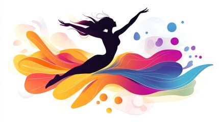 A graceful dancer in mid-pirouette, her silhouette outlined against an abstract background of swirling colors and shapes,Vector illustration with a white background. 