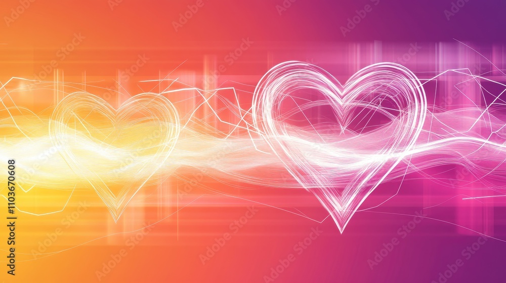 Poster an abstract representation of heartbeats with glowing lines and pulsating waves, against a soft grad