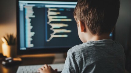A young boy learning basic coding on a computer with a teacher explaining concepts step by step