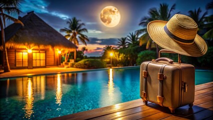 Obraz premium Luggage and Summer Vibes: A Suitcase and Straw Hat in a Tropical Hotel Room Overlooking a Beautiful Swimming Pool Landscape in a Bungalow Resort