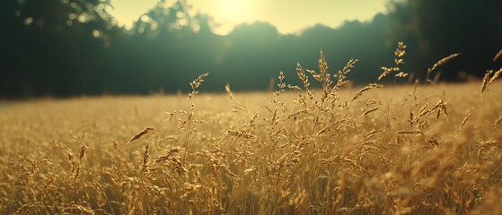 Golden wheat gently swaying in the breeze, with the morning sunlight casting a soft glow over the field, creating a tranquil and warm natural atmosphere