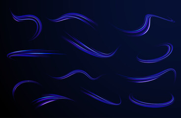 Futuristic dynamic motion technology. Png, neon, line, blur, beam, ray, abstract, energy. Neon color glowing lines background, Glowing wave swirl, impulse cable lines. High-speed light trails effect. 
