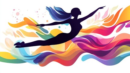 A graceful dancer in mid-pirouette, her silhouette outlined against an abstract background of swirling colors and shapes,Vector illustration with a white background. 