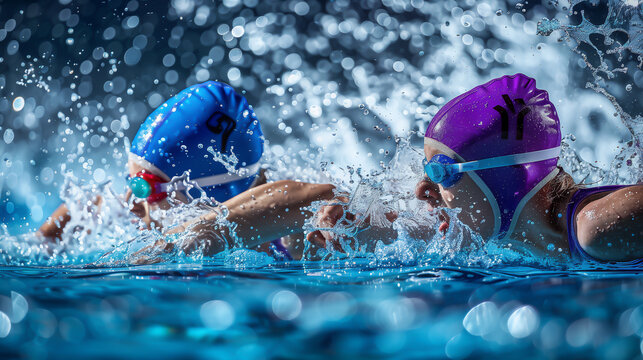 Female athlete swimmers doing a training exercise for a swimming sports race event by practising their competitive sport technique, sporting action stock illustration image