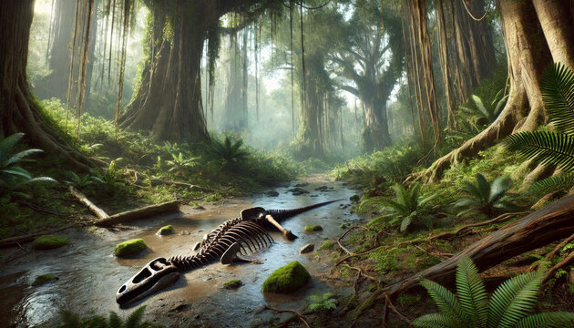 Jurassic jungle, ancient ferns and trees , dinosaurs bone near a river