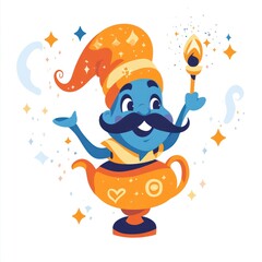 Naklejka premium Here's a and keyword list for your image.. Cheerful genie emerging from an ornate lamp, holding a lit torch.