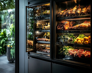  Organized Refrigerator Display of Fresh Produce and Meat
