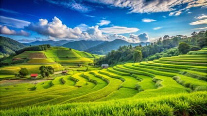 Fototapeta premium Lush Green Rice Fields: A Serene Landscape of Cultivated Agriculture and Natural Beauty, Perfect for Showcasing the Tranquility of Rural Life and Sustainable Farming Practices