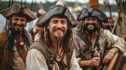 Fototapeta premium Three smiling male pirates on ship deck wearing tricorn hats