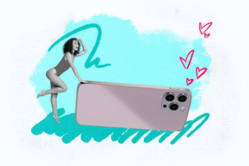 Composite photo collage of happy girl blogger wear sexy swimsuit pose telephone photo set heart like feedback isolated on painted background