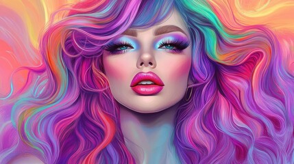 Elegant drag queen portrait showcasing vibrant, flowing hair in a blend of colors, set against a soft pastel backdrop with striking makeup and bold lips.