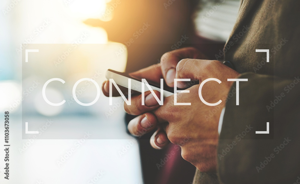Poster person, hands and overlay with phone for connect, communication or network at office. closeup, user 