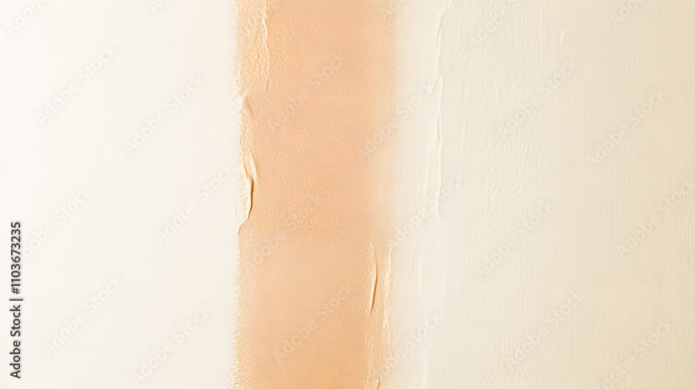 Poster close-up view of two shades of beige paint applied to a wall, showing a clear dividing line and text