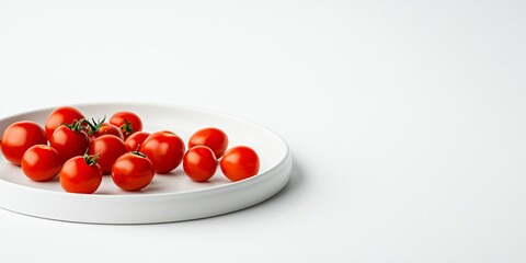 Fresh red cherry tomatoes on white ceramic plate against minimal white background. Modern food styling, clean composition for restaurant menu, cooking blog, healthy eating concept